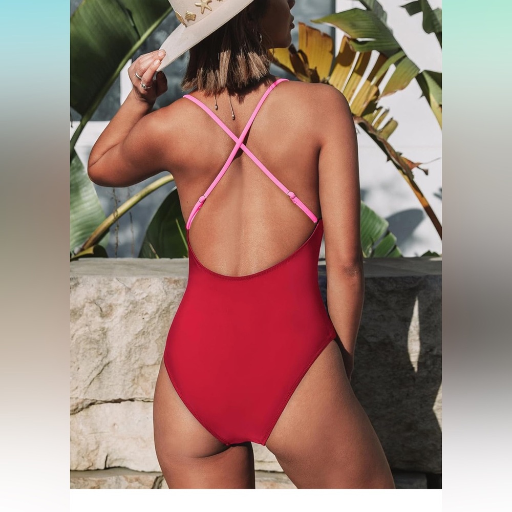 CUPSHE One Piece Swimsuit Deep V Neck Crisscross Back Color Block Large NWT